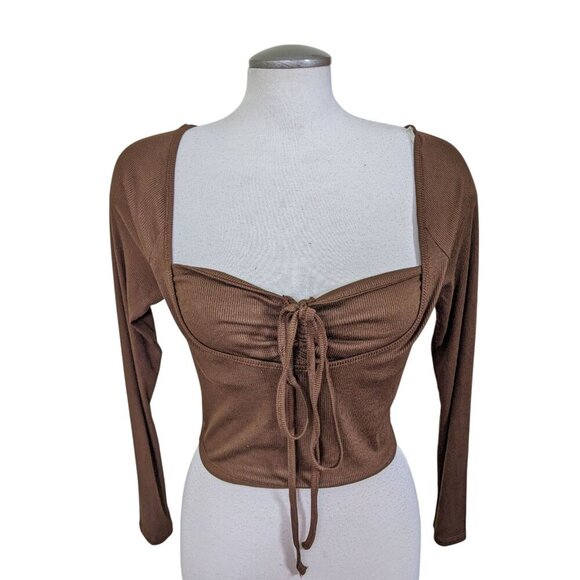 Active USA Womens L Long Sleeve Crop Top Lot of 2 Ruched Tie Front Double Layer - Picture 3 of 8